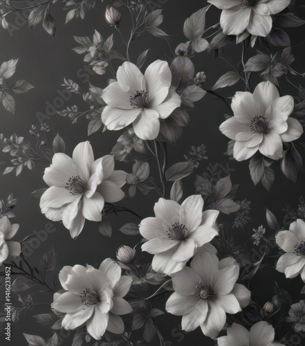 Subtle charcoal floral wallpaper, delicate blooms  , vintage, illustration, retro