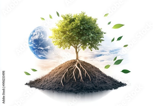 Obraz na płótnie Lush Green Tree Growing from Soil with Earth Background Environmental Conservation Concept w salonie