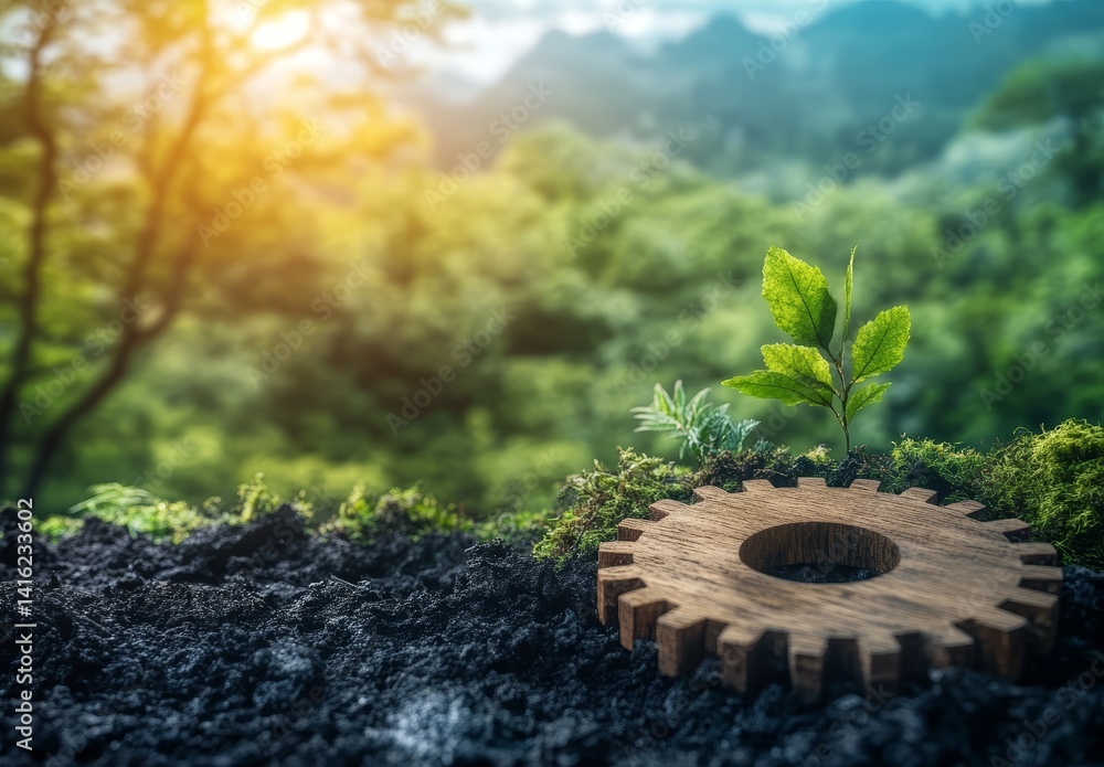 Sustainable Growth Gear and Sprout in Lush Green Nature Background
