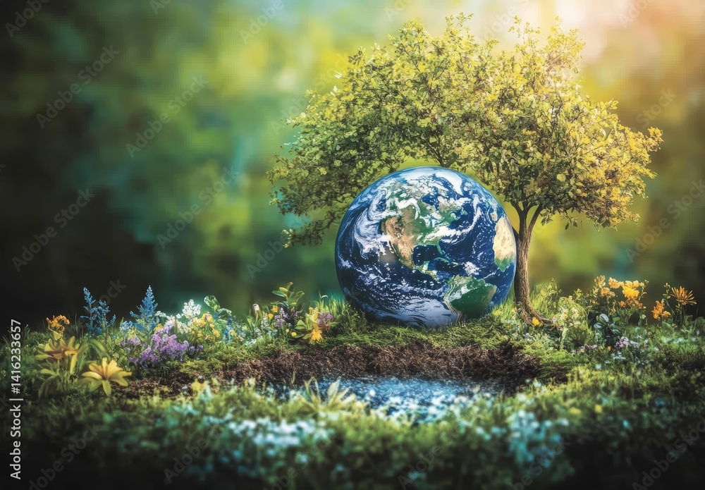 Earth Day Green Tree and Planet Earth in Vibrant Spring Meadow