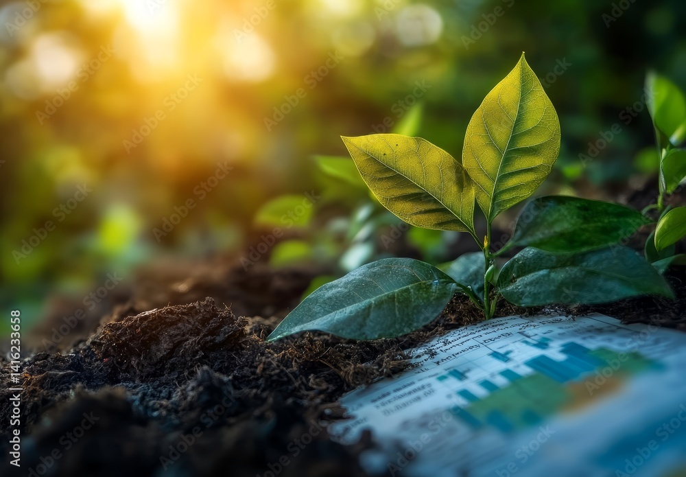 Young Plant Sprout Growing from Soil on Financial Chart Sustainable Growth Concept