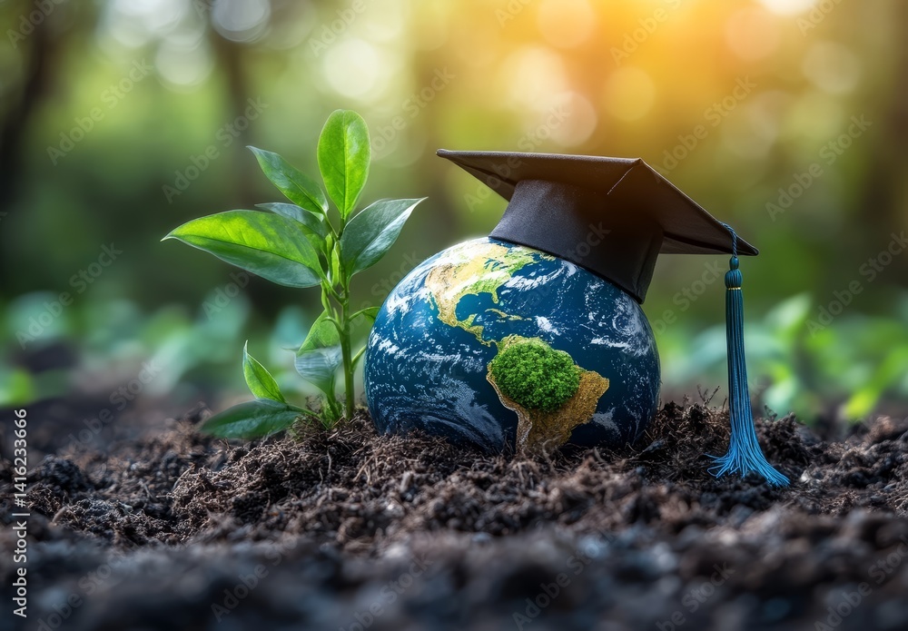 Earth Globe with Graduation Cap Sprout Sustainable Education Concept