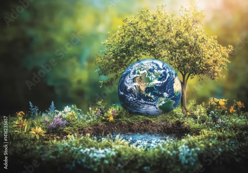 Obraz na płótnie Earth Day Green Tree and Planet Earth in Vibrant Spring Meadow w salonie