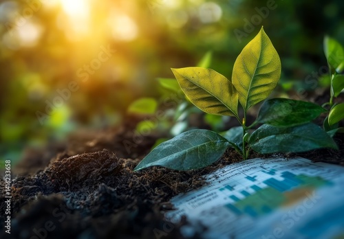 Obraz na płótnie Young Plant Sprout Growing from Soil on Financial Chart Sustainable Growth Concept w salonie