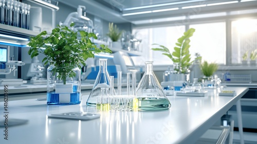 Modern Laboratory with Beakers and Plants in Bright Environment
