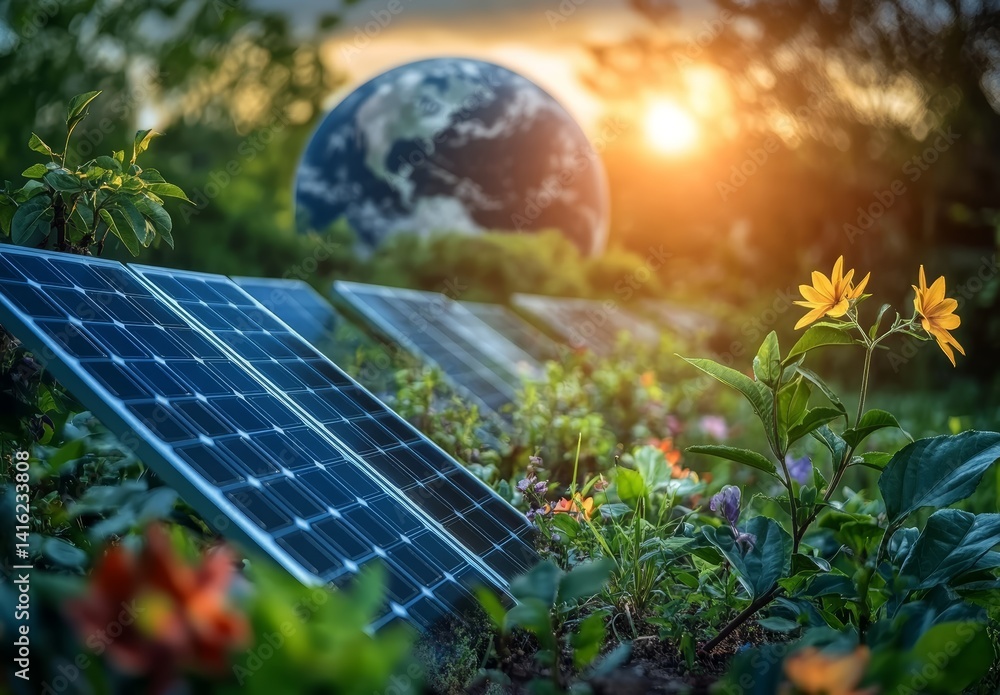 Sustainable Energy Solar Panels in a Lush Garden with Earth Globe Background
