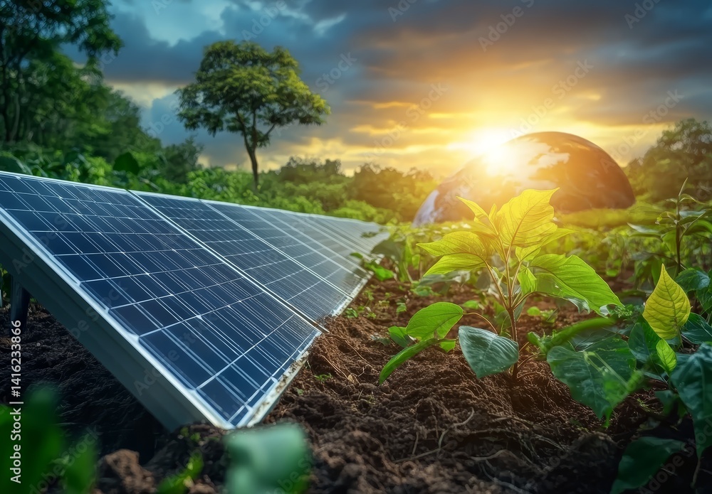 Sustainable Energy Solar Panels in Green Field at Sunset Eco Friendly Power Generation