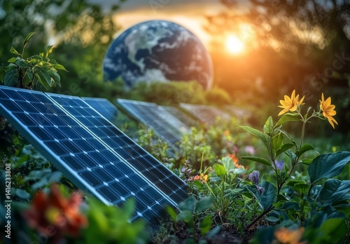 Obraz na płótnie Sustainable Energy Solar Panels in a Lush Garden with Earth Globe Background w salonie