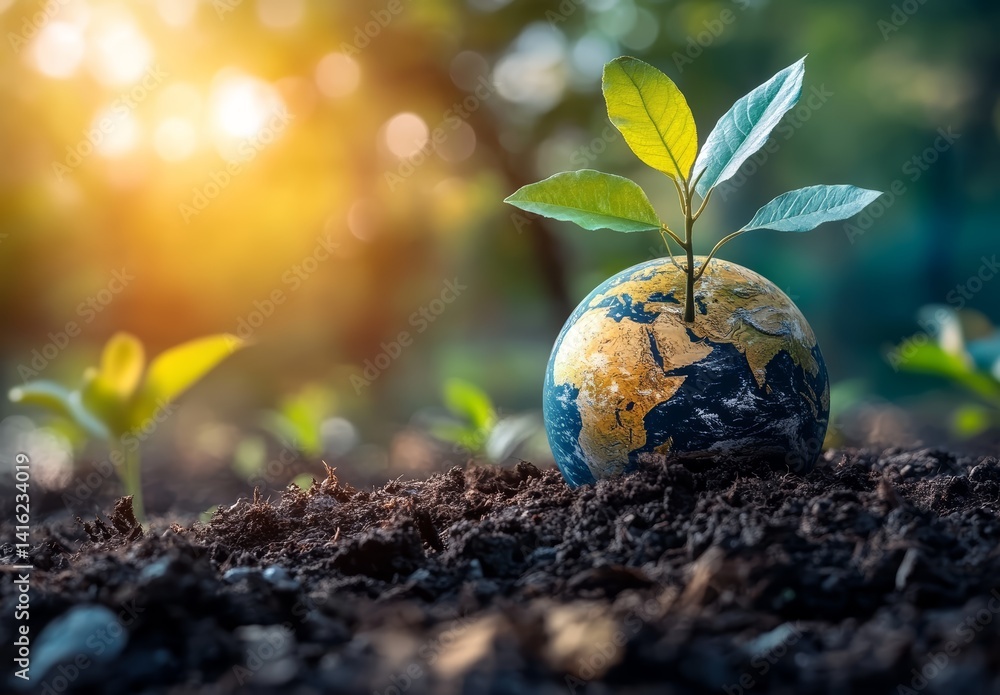 Growing Green Planet Sapling Sprouting from Earth Globe in Soil Environmental Conservation Concept