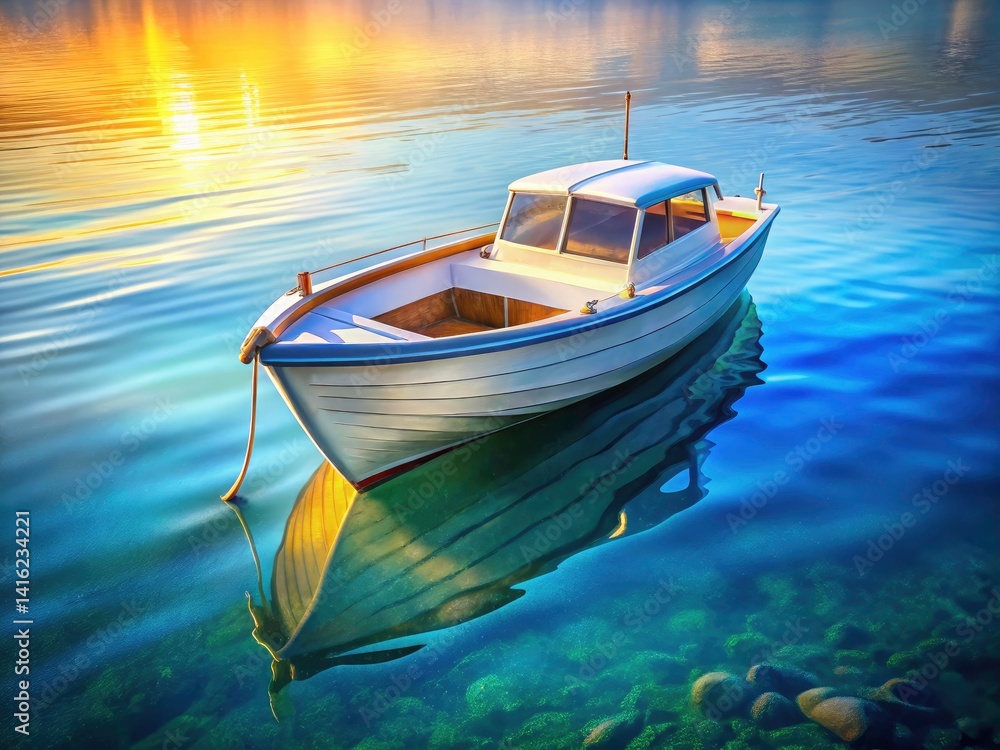 Naklejka premium White Motorboat Anchored, Calm Sea, Summer Vacation, Nautical Photography, Boat at Anchor, Seascape Portrait