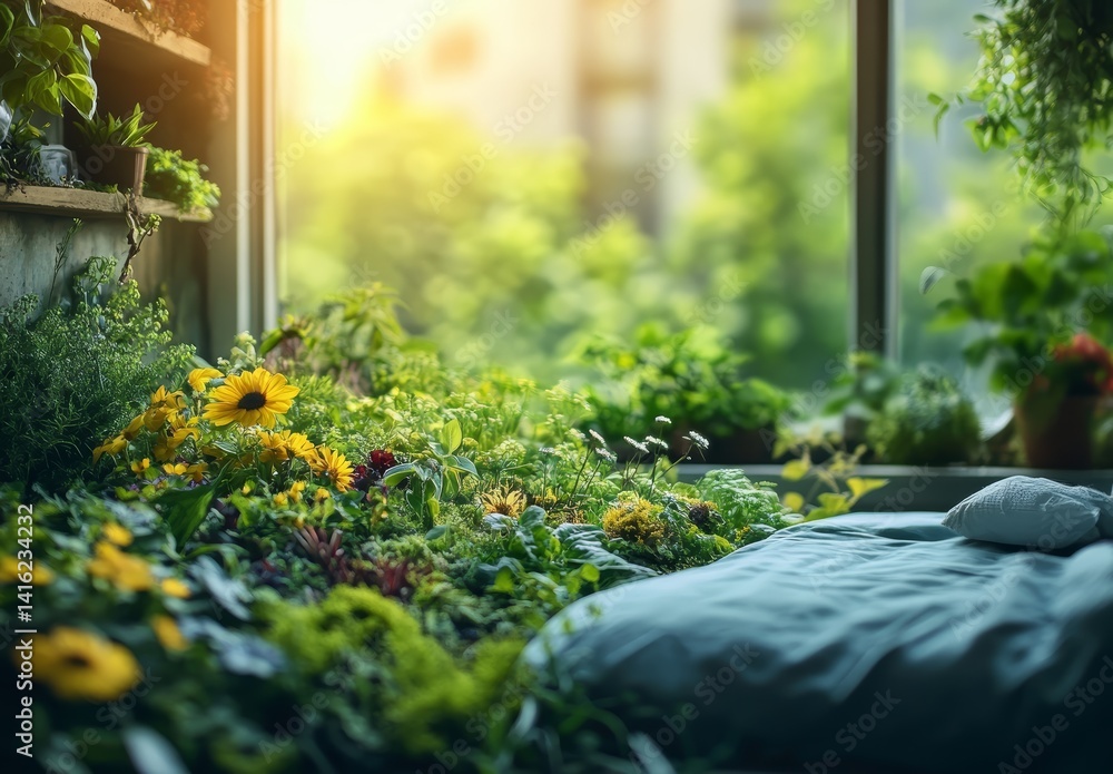 Serene Bedroom Garden Sunlit Flowers Greenery on Bed Indoor Plants