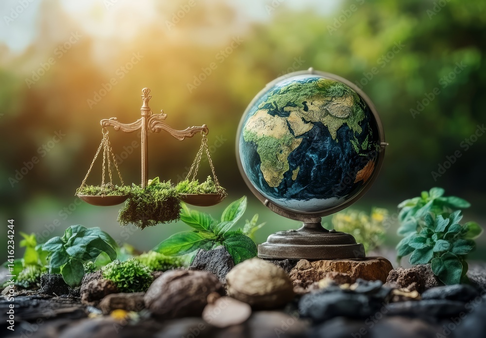 Global Environmental Balance Scales of Justice Earth Globe amidst Lush Greenery