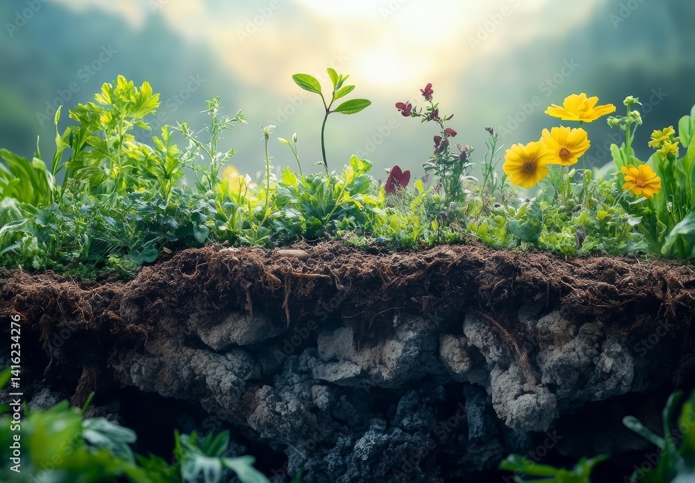 Vibrant Spring Flowers Growing from Soil Revealing Root System and Underlying Rock