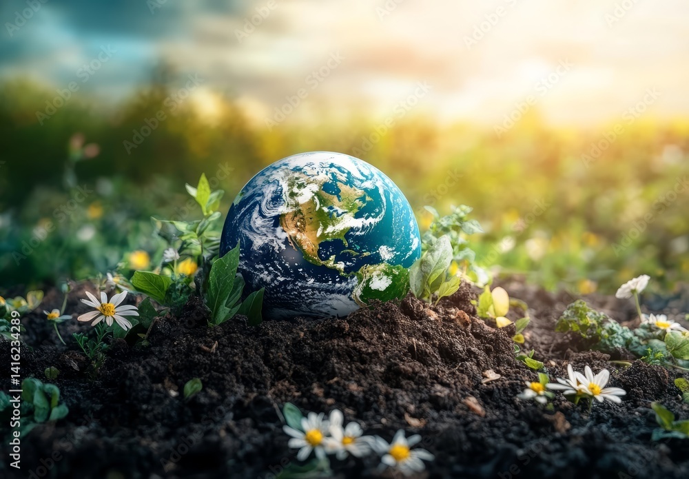 Earth Globe in Lush Green Soil Spring Flowers Environmental Conservation Concept