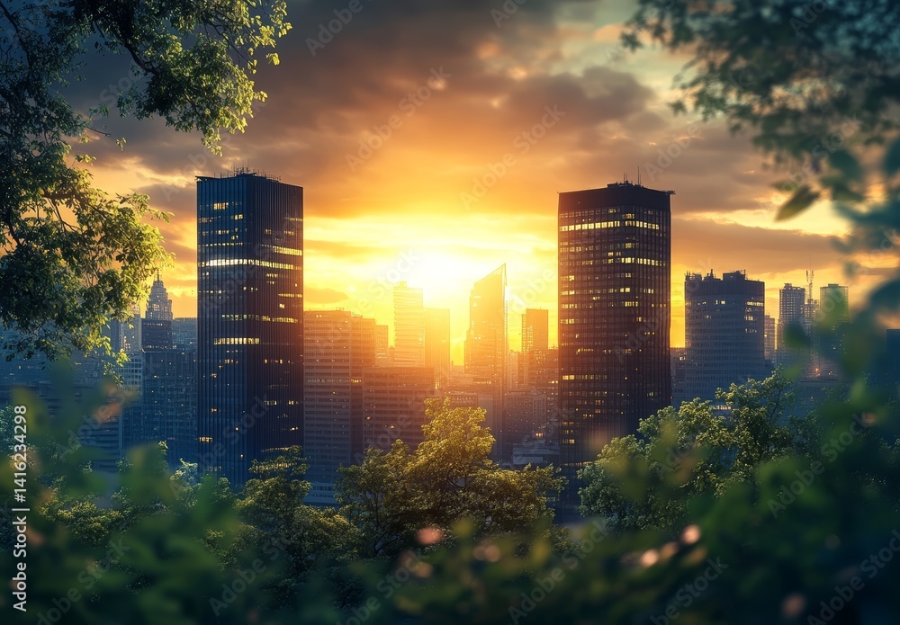 Stunning Cityscape Sunset Modern Skyscrapers Viewed Through Lush Greenery