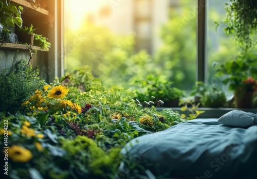 Obraz na płótnie Serene Bedroom Garden Sunlit Flowers Greenery on Bed Indoor Plants w salonie