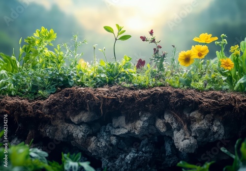 Obraz na płótnie Vibrant Spring Flowers Growing from Soil Revealing Root System and Underlying Rock w salonie