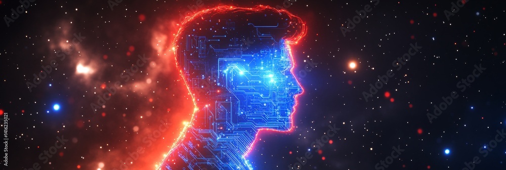 Obraz premium Man of the future: digital profile with glowing circuitry on a cosmic background 