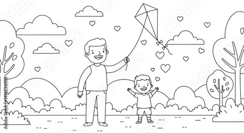 Father and son flying a kite together in park illustration for coloring book page