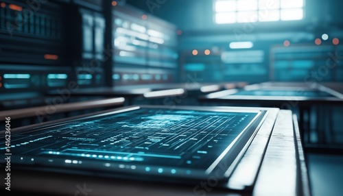 Wallpaper Mural Futuristic Tech Classroom Workstation with Glowing Digital Data Display Torontodigital.ca