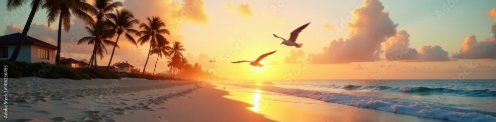 Naklejka premium Seagulls fly over palm trees on deserted sandy beach at dawn, weathered palm trunk, tropical landscape