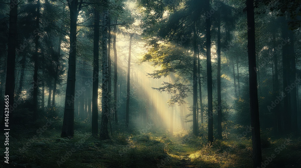 Misty forest path bathed in golden sunlight. Misty forest path bathed in golden sunlight.
