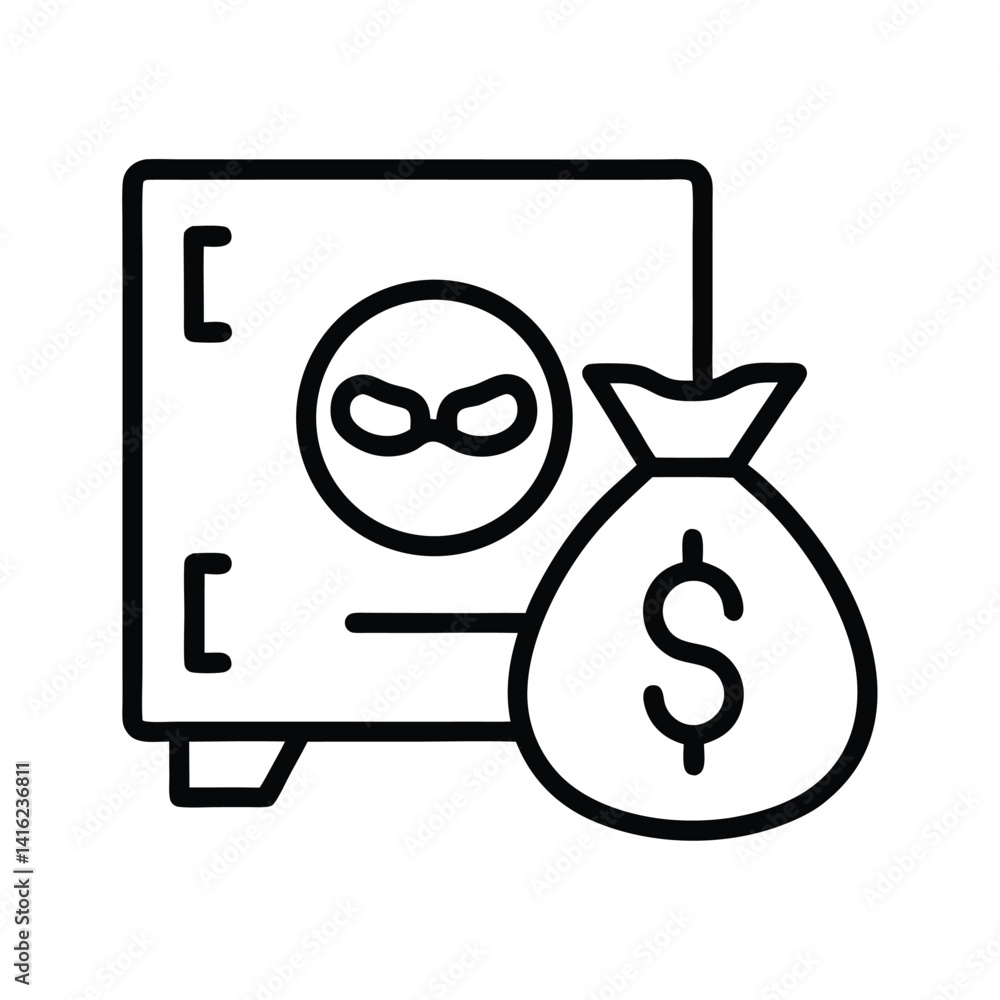 Showing a Bank Vault with Thief Mask and Money Bag Icon Showing a Bank Vault with Thief Mask and Money Bag Icon