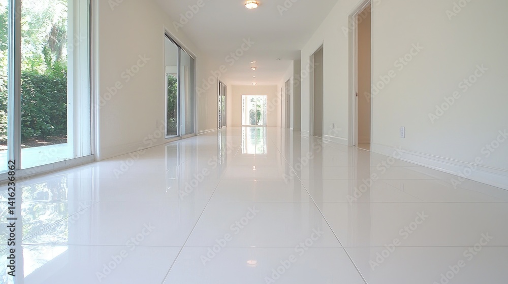 Obraz premium Bright, spacious hallway with polished white tile flooring