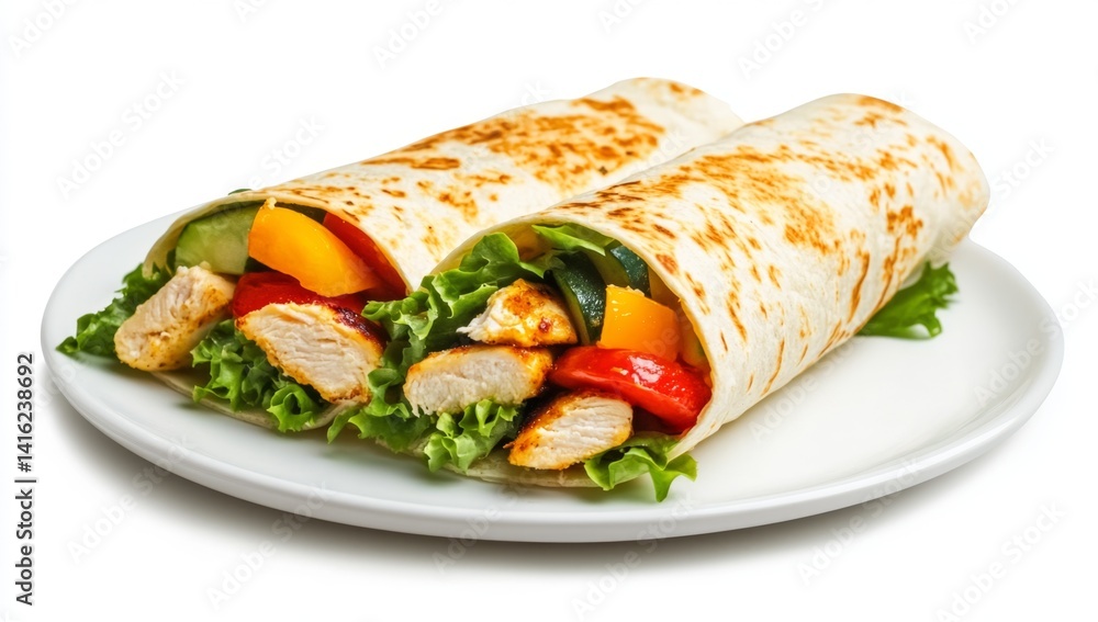 Two delicious chicken wraps filled with colorful vegetables. A perfect lunch or quick meal Two delicious chicken wraps filled with colorful vegetables. A perfect lunch or quick meal