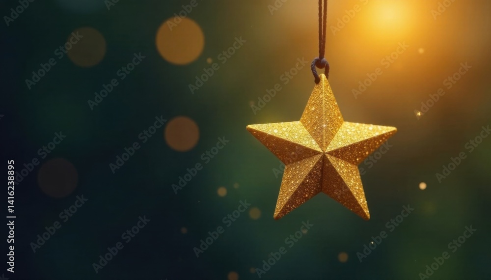 Small golden star suspended from black thread, glitter, ornament Small golden star suspended from black thread, glitter, ornament
