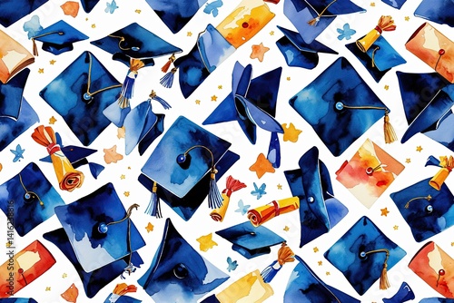 Watercolor Graduation Celebration Seamless Border Design with Caps and Diplomas