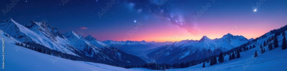 Obraz premium Snow-covered mountains under starry night sky, stars, cold