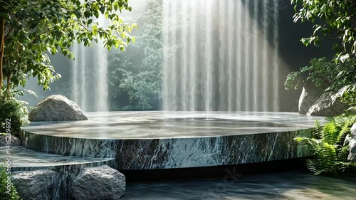 Serene escape stunning waterfall backdrop with natural stage for premium product displays and zen ambiance