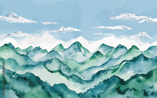  a panoramic landscape illustration rendered in a soft, watercolor style. It depicts multiple layers of rolling hills and mountain ranges receding into the distance. 