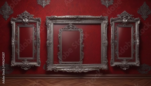 Intricately carved silver frames against deep red damask ,  intricate pattern,  luxury,  backdrop
