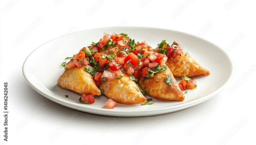 Crispy pastries topped with vibrant tomato salsa Crispy pastries topped with vibrant tomato salsa
