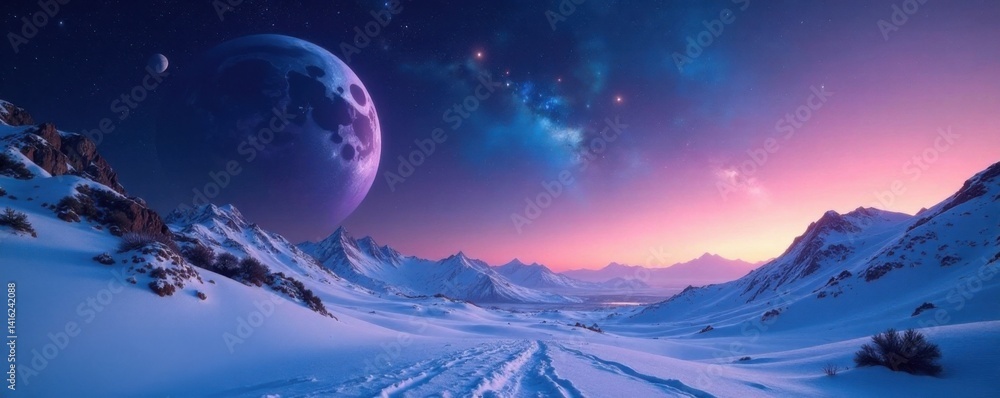 Snowy galaxy landscape with stars and planets in the distance, frosty, space Snowy galaxy landscape with stars and planets in the distance, frosty, space