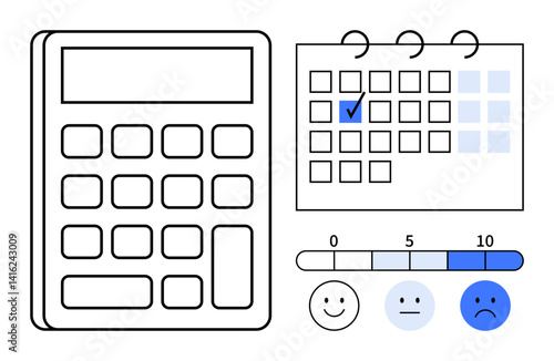 Calculator, calendar with a checked date, and mood scale for tracking schedules, evaluating progress, and managing tasks. Ideal for productivity, planning, evaluation, finance emotions scheduling