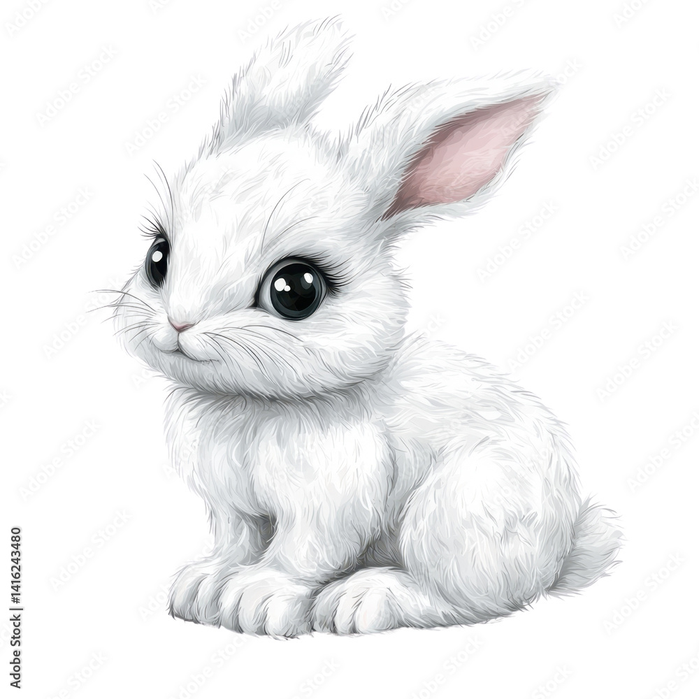 Obraz premium Cute White Bunny Sitting with Big Eyes and Fluffy Fur