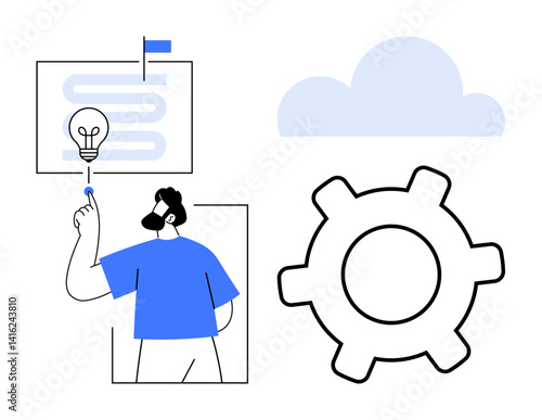 Man gesturing towards a roadmap with a light bulb representing ideas, accompanied by a gear and cloud. Ideal for innovation, teamwork, strategy, planning, technology, creativity, and brainstorming