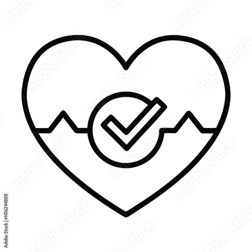 Heart Shape with Check Mark Icon and Heartbeat Line in Outline Style on Isolated