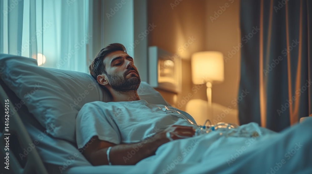 A man resting in a hospital bed, reflecting tranquility and recovery, surrounded by modern healthcare elements. A man resting in a hospital bed, reflecting tranquility and recovery, surrounded by modern healthcare elements.