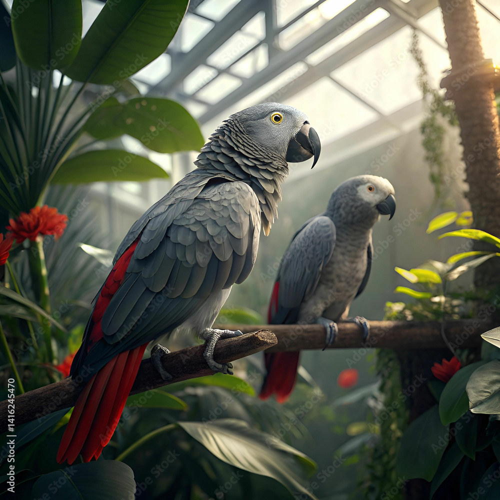 Obraz premium African grey parrots in a jungle aviary, an ultra-detailed scene with lush foliage, natural perches, and the parrots interacting in their vibrant habitat.