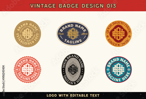 Vintage badge logo design template with a monogram and the text editable for clothing and apparel