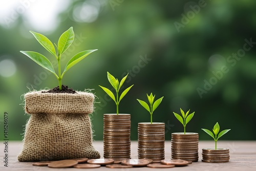 Seedlings growing on a pile of coins Concept of financial growth. Saving money, saving money and green economic growth. Stack of coins with money bag on green nature background, Green leaves sprouting