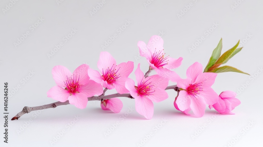 Obraz premium Delicate pink blossoms on a branch. Soft pink flowers with light green leaves on a thin twig, against a plain light gray background