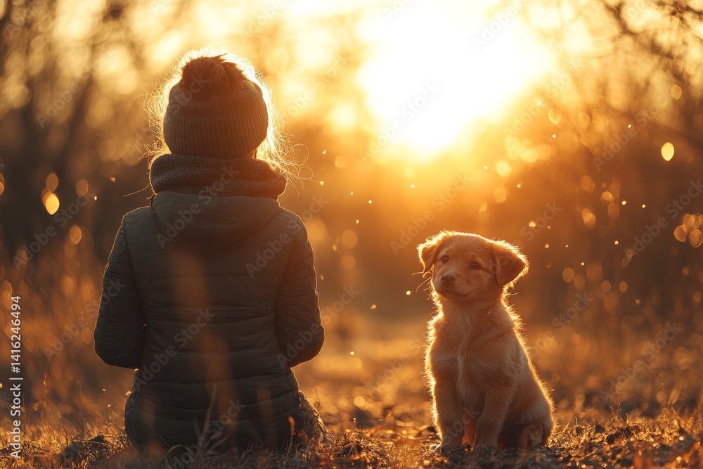 Girl and Puppy Enjoying Sunset in Nature Emotional Bonding