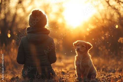 Obraz na płótnie Girl and Puppy Enjoying Sunset in Nature Emotional Bonding w salonie