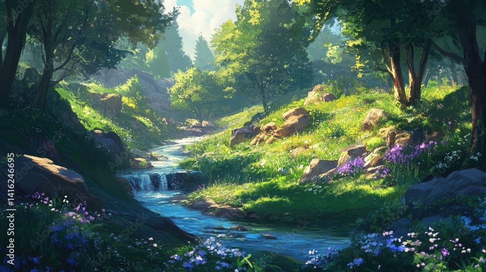Serene forest stream flowing through a vibrant meadow landscape Serene forest stream flowing through a vibrant meadow landscape