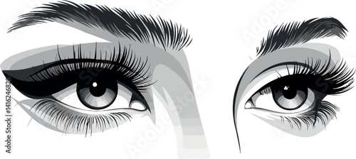  a close-up, monochromatic vector illustration focusing on a pair of highly stylized female eyes. 